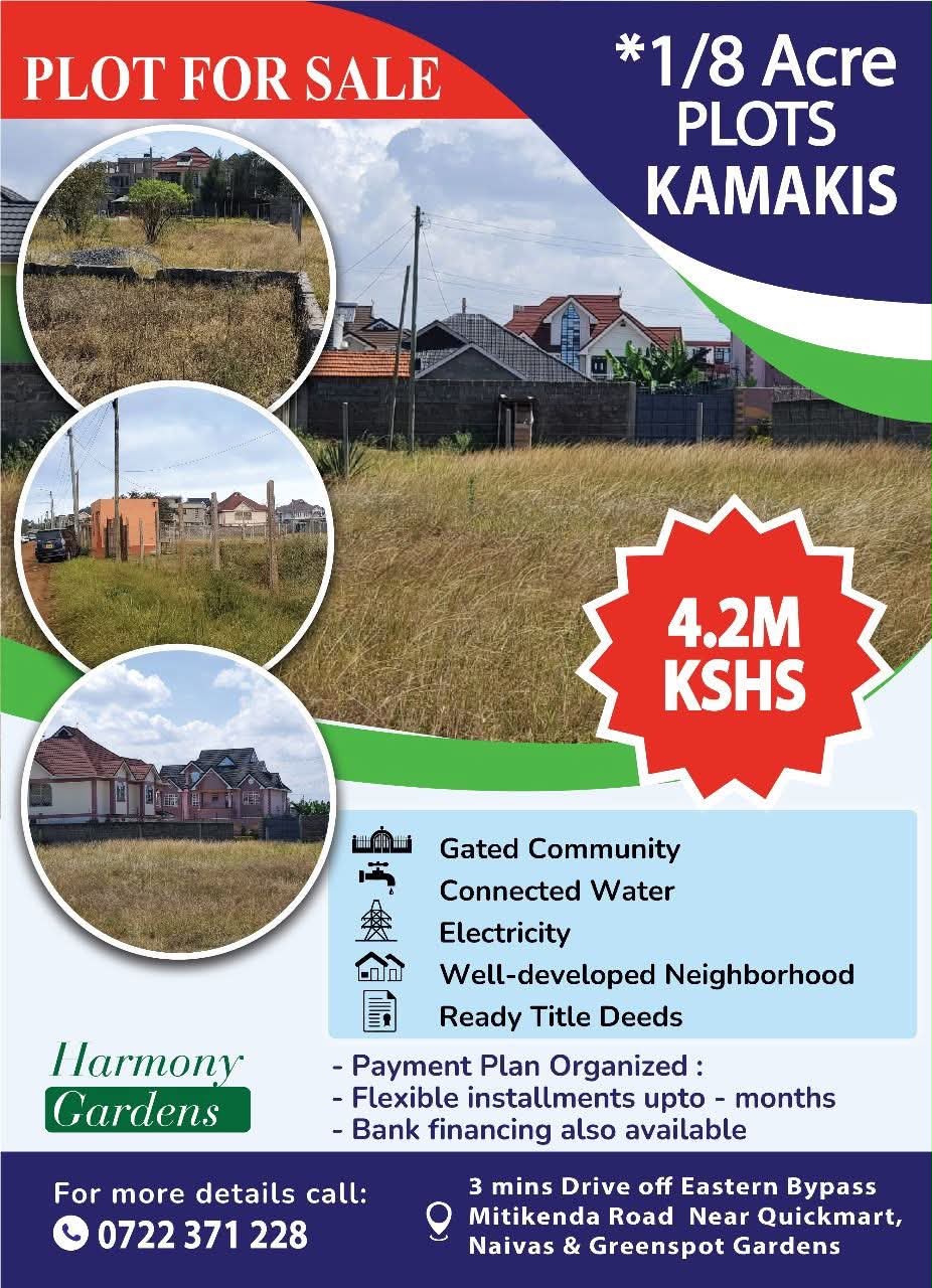 Posh Residential Plots For sale:- 1km of Eastern bypass near Quickmart,Naivas & Greenspot gardens